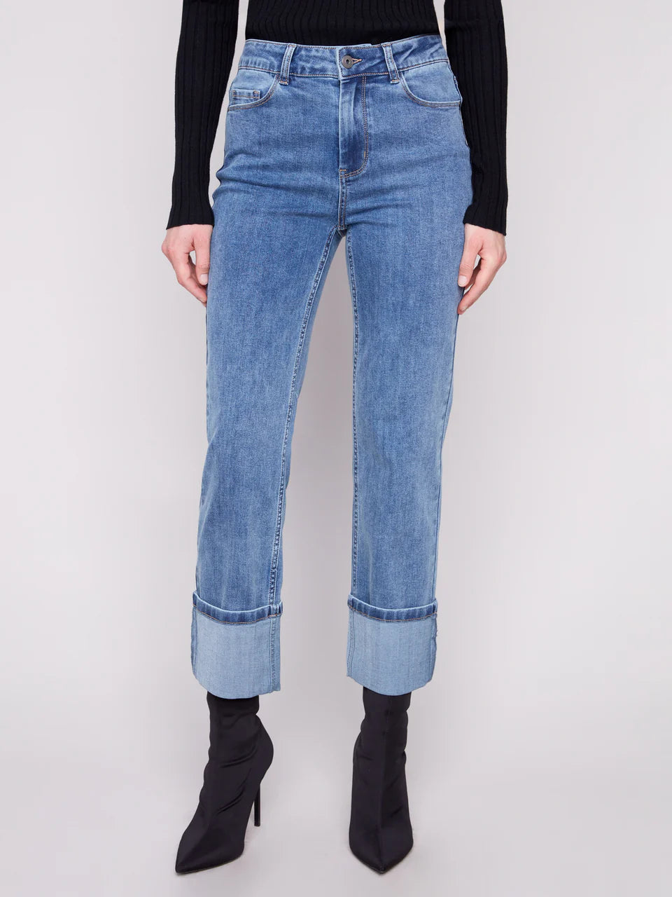 Wide Cuff Straight Leg Stretch Denim Pants by Charlie B in Medium Blue