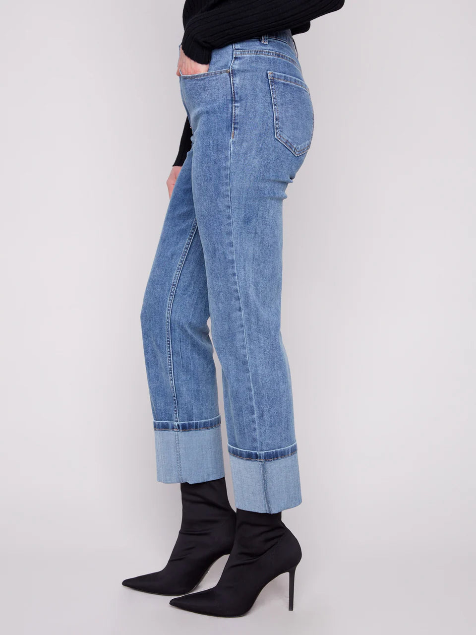 Wide Cuff Straight Leg Stretch Denim Pants by Charlie B in Medium Blue