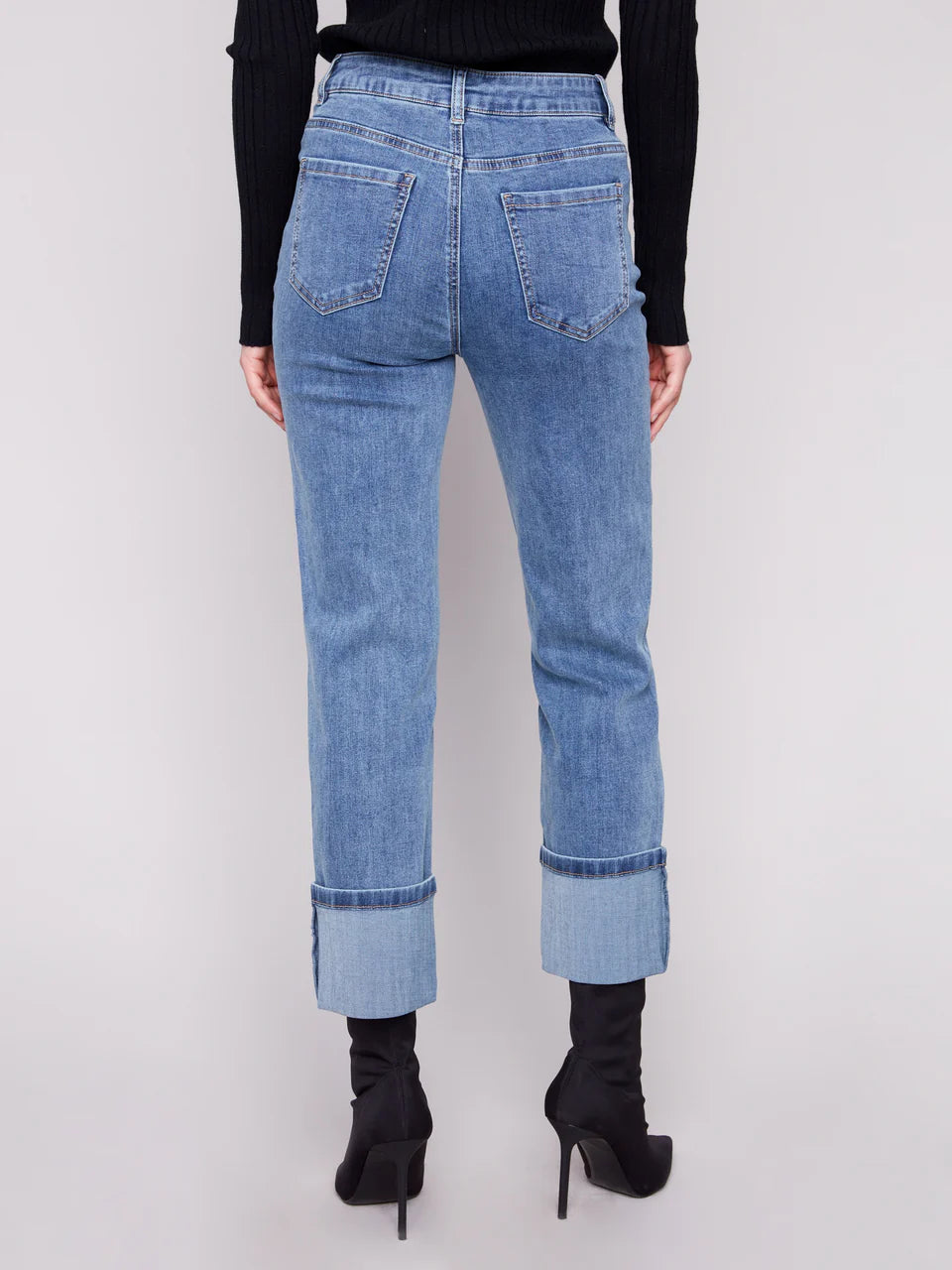 Wide Cuff Straight Leg Stretch Denim Pants by Charlie B in Medium Blue