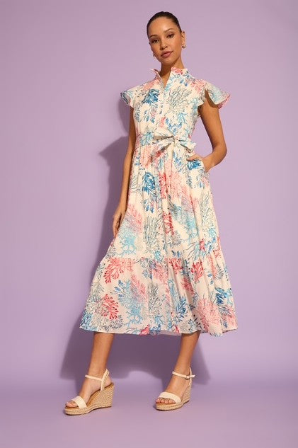 Adelina Flutter Sleeve Belted Tiered Midi Dress