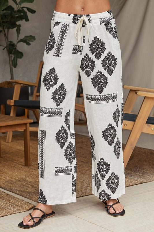 Linen Damask Print Pants by Milio Milano in Black