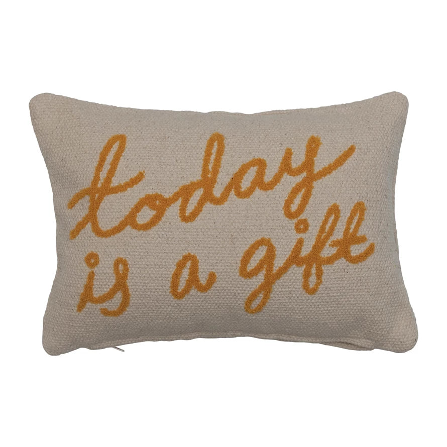 "Today Is A Gift" Embroidered Cotton Lumbar Pillow by Creative Co-Op