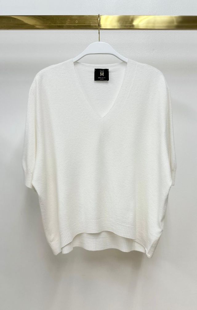 Italian V-Neck Light Sweater Knit Top by Milio Milano in Winter White