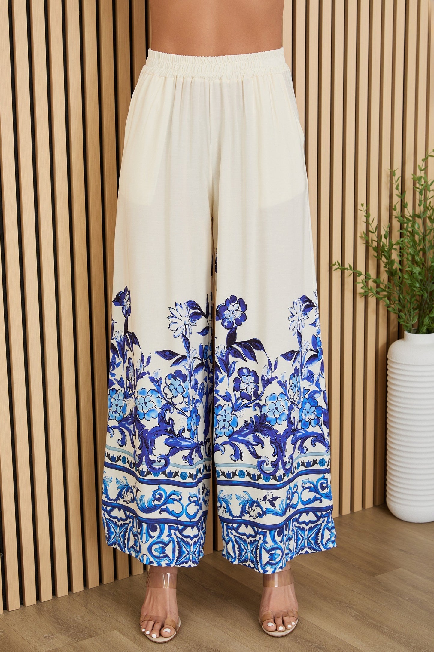 Floral Damask Wide Leg Viscose Pants by Milio Milano in Ivory/Blue