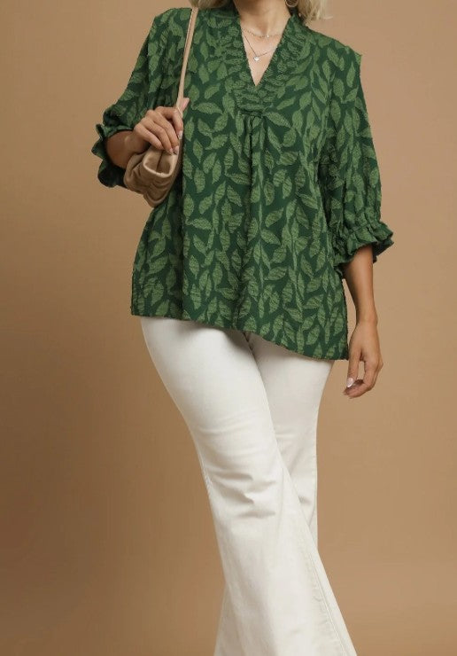 Floral Jacquard Fabric V Neck Top by Umgee in Hunter Green
