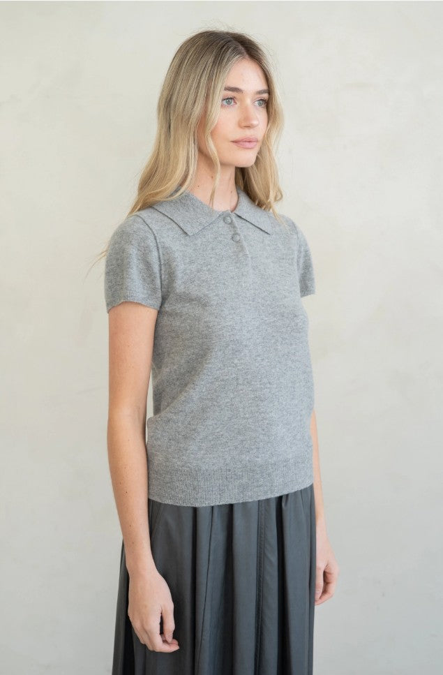 Refined Cap Sleeve Polo Sweater Top by elle grey in Grey