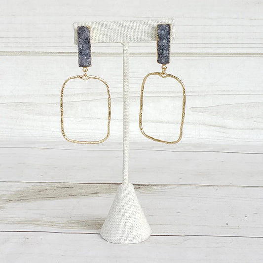 Druzy Rectangle Branch Earring by Virtue in Grey & Gold