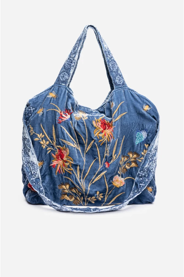 Aria Velvet Tote Bag by Johnny Was in Denim Indigo