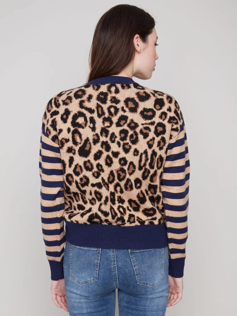 Crew Neck Sweater w/Striped Sleeves by Charlie B in Leopard