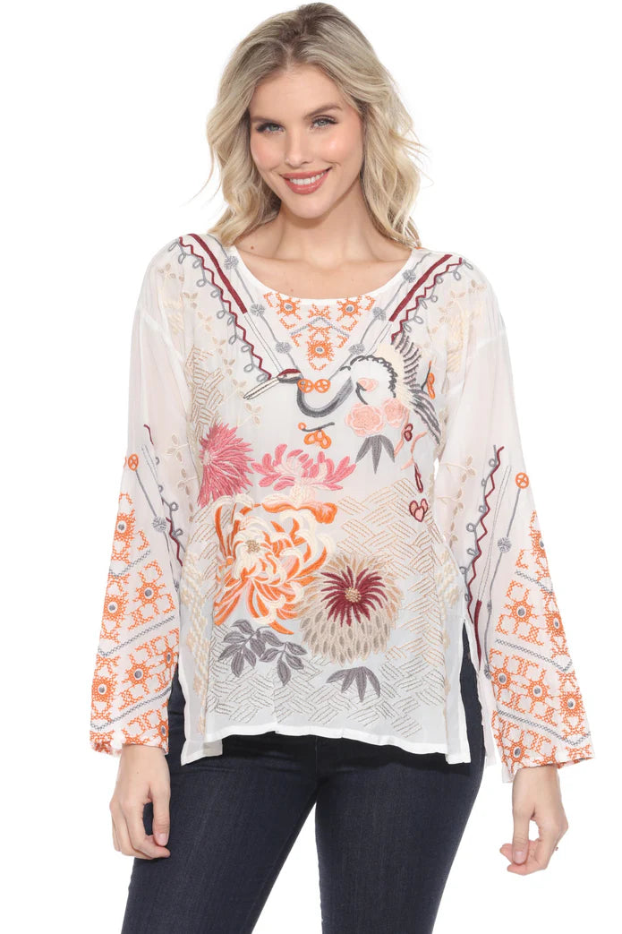 Charlize Embroidered Silk Blouse by Johnny Was in White