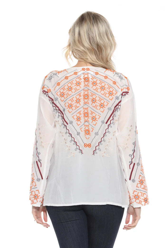 Charlize Embroidered Silk Blouse by Johnny Was in White