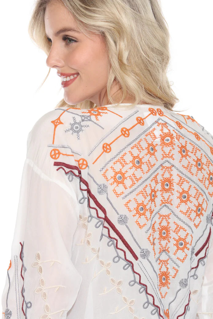 Charlize Embroidered Silk Blouse by Johnny Was in White