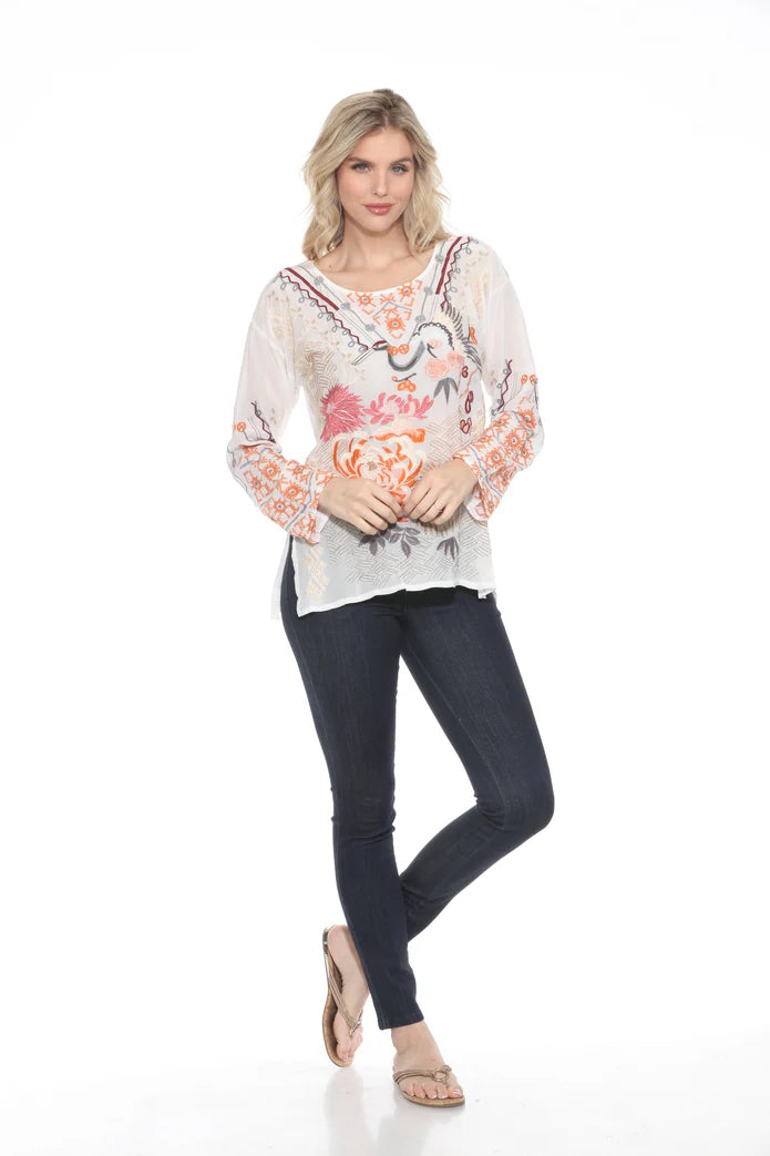 Charlize Embroidered Silk Blouse by Johnny Was in White