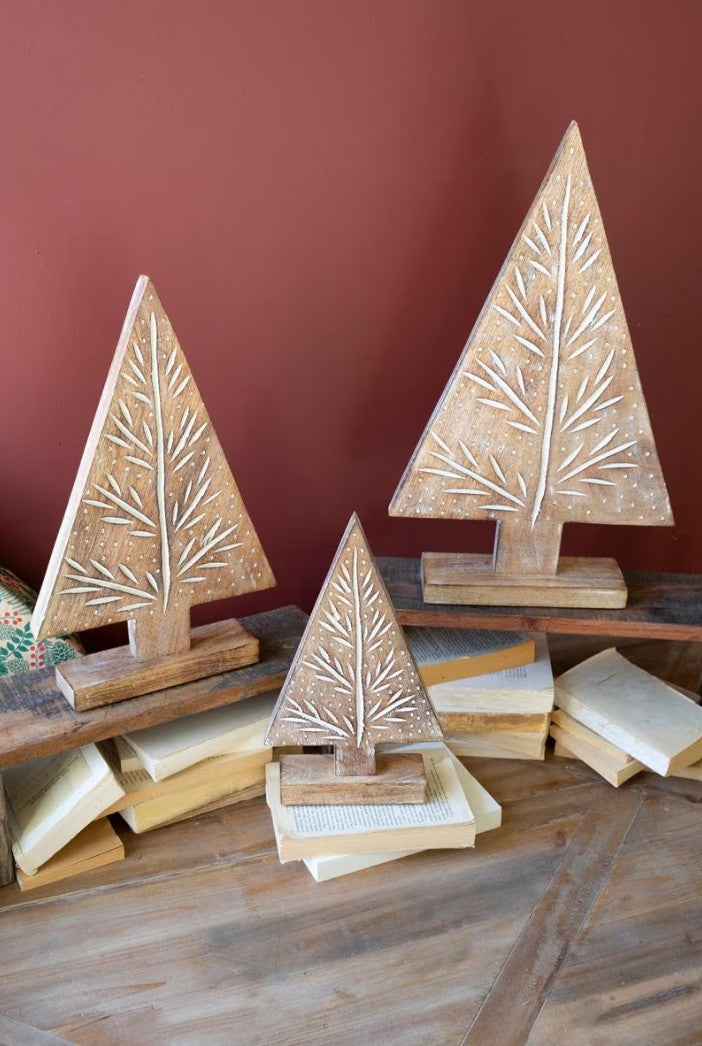 Set of 3 Carved Wood Christmas Trees on Stands by Kalalou