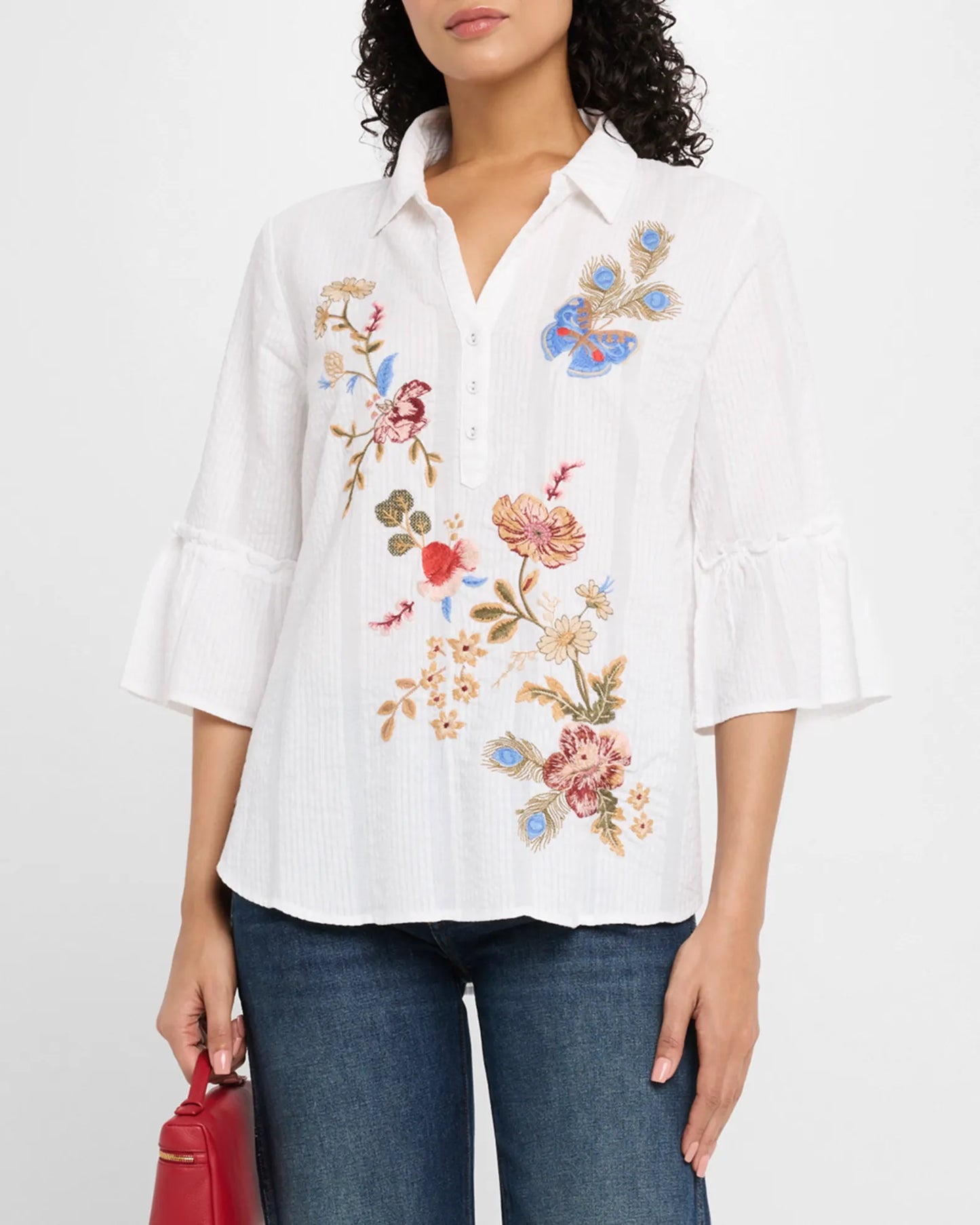 Florrie Ruffle Sleeve Henley Tunic by Johnny Was in White