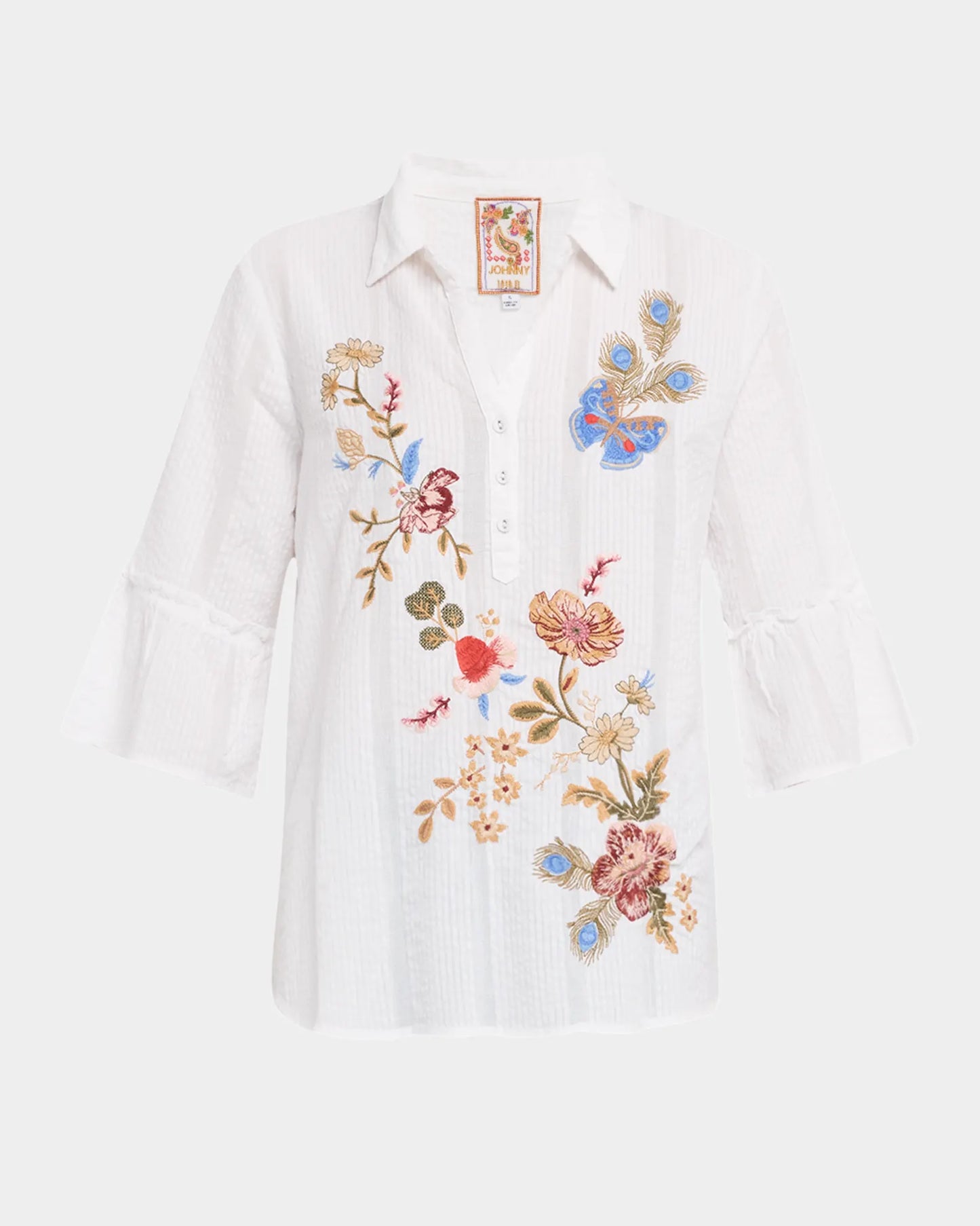 Florrie Ruffle Sleeve Henley Tunic by Johnny Was in White