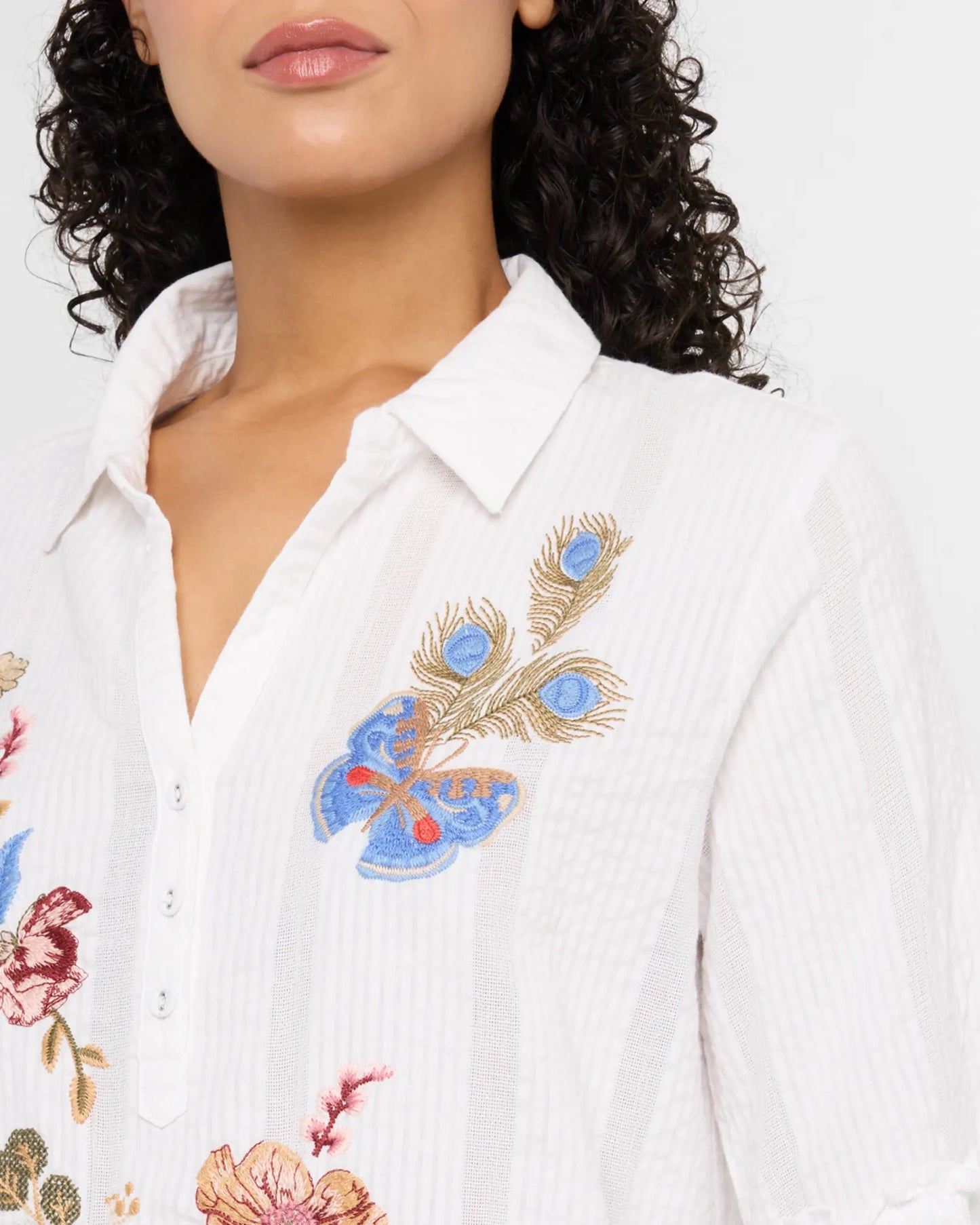 Florrie Ruffle Sleeve Henley Tunic by Johnny Was in White