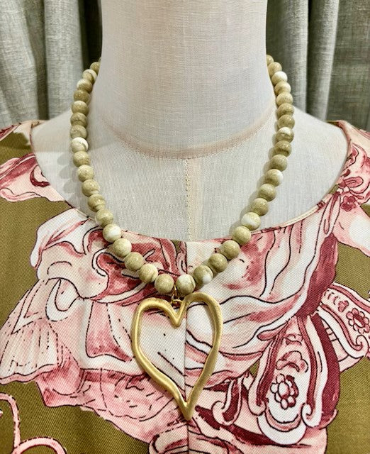 Gemstone Beaded Necklace w/XL Heart by Virtue Jewelry Design in Olive Cream