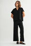 Wide Shoulder Collared Knit V Neck Top by Fun2Fun in Black