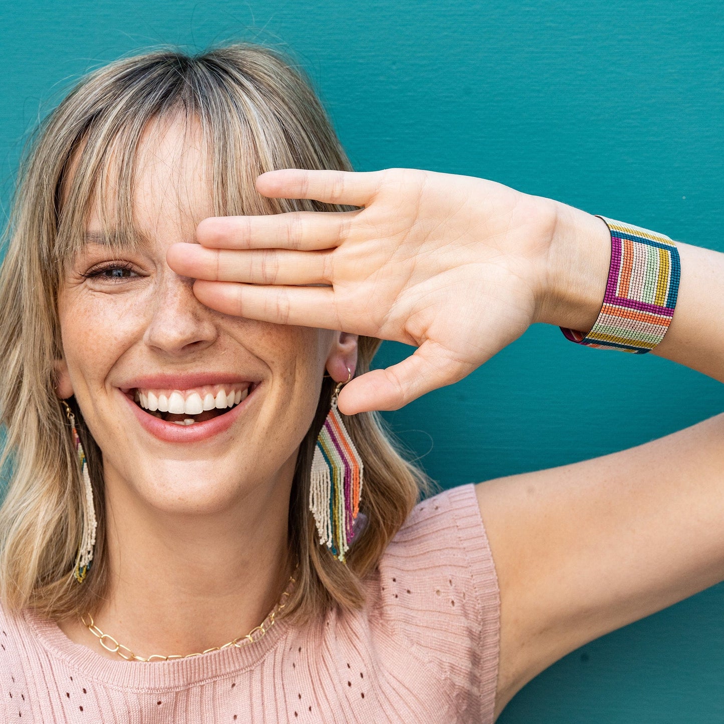 Brooklyn Geo Stripe Beaded Stretch Bracelet by Ink+Alloy in Rainbow