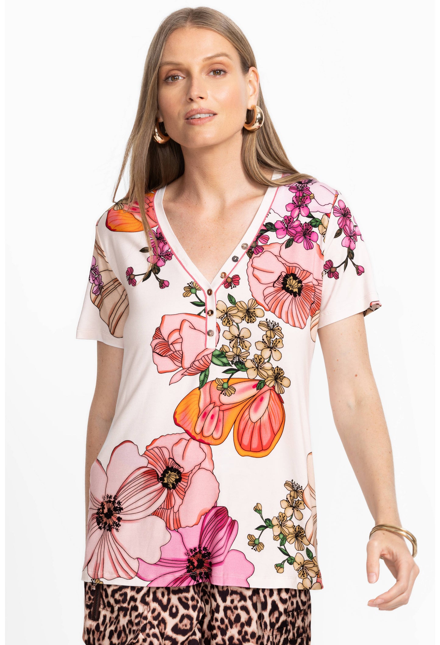 The Janie Favorite Short Sleeve Henley Tee by Johnny Was in Rosabelia