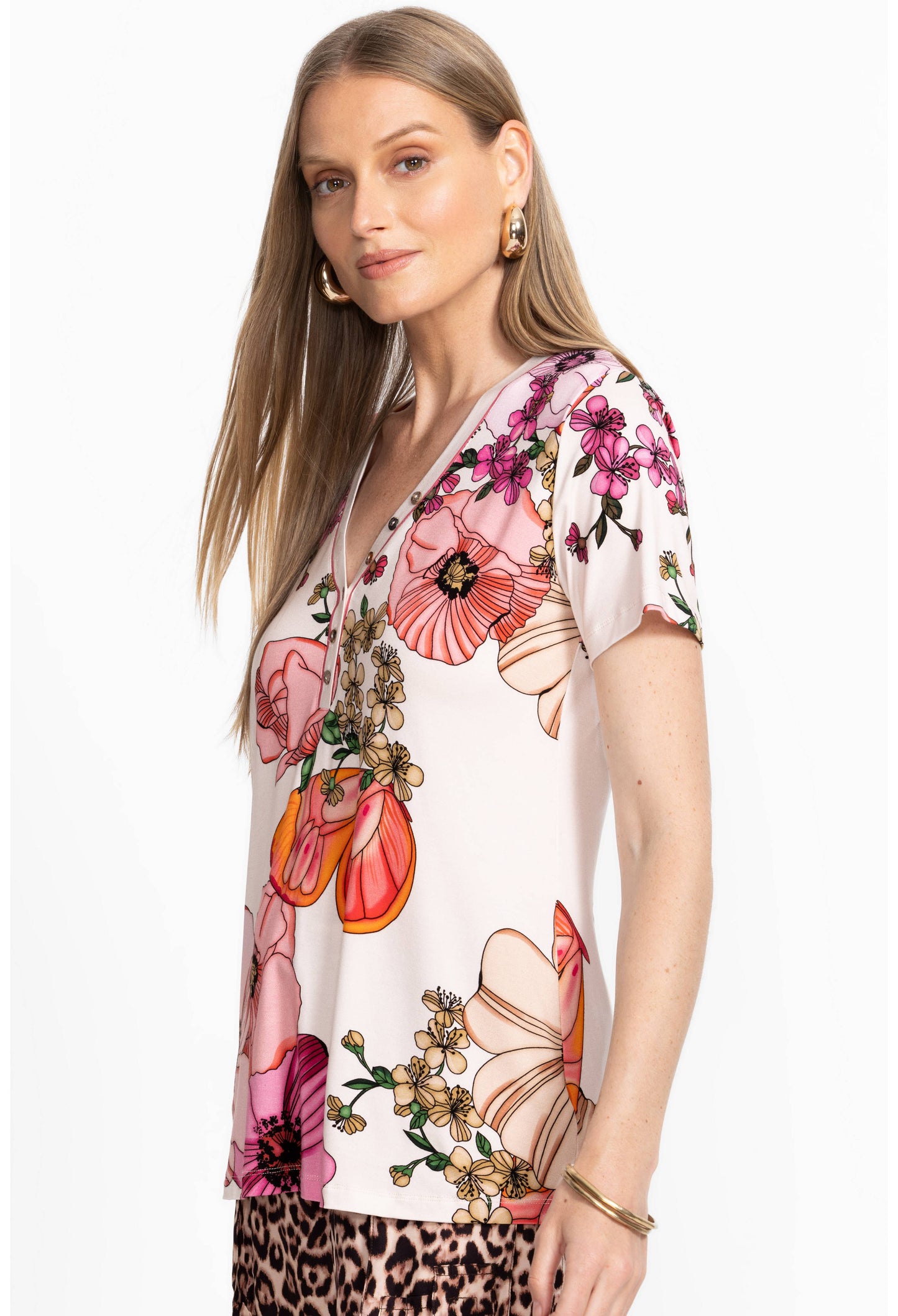 The Janie Favorite Short Sleeve Henley Tee by Johnny Was in Rosabelia