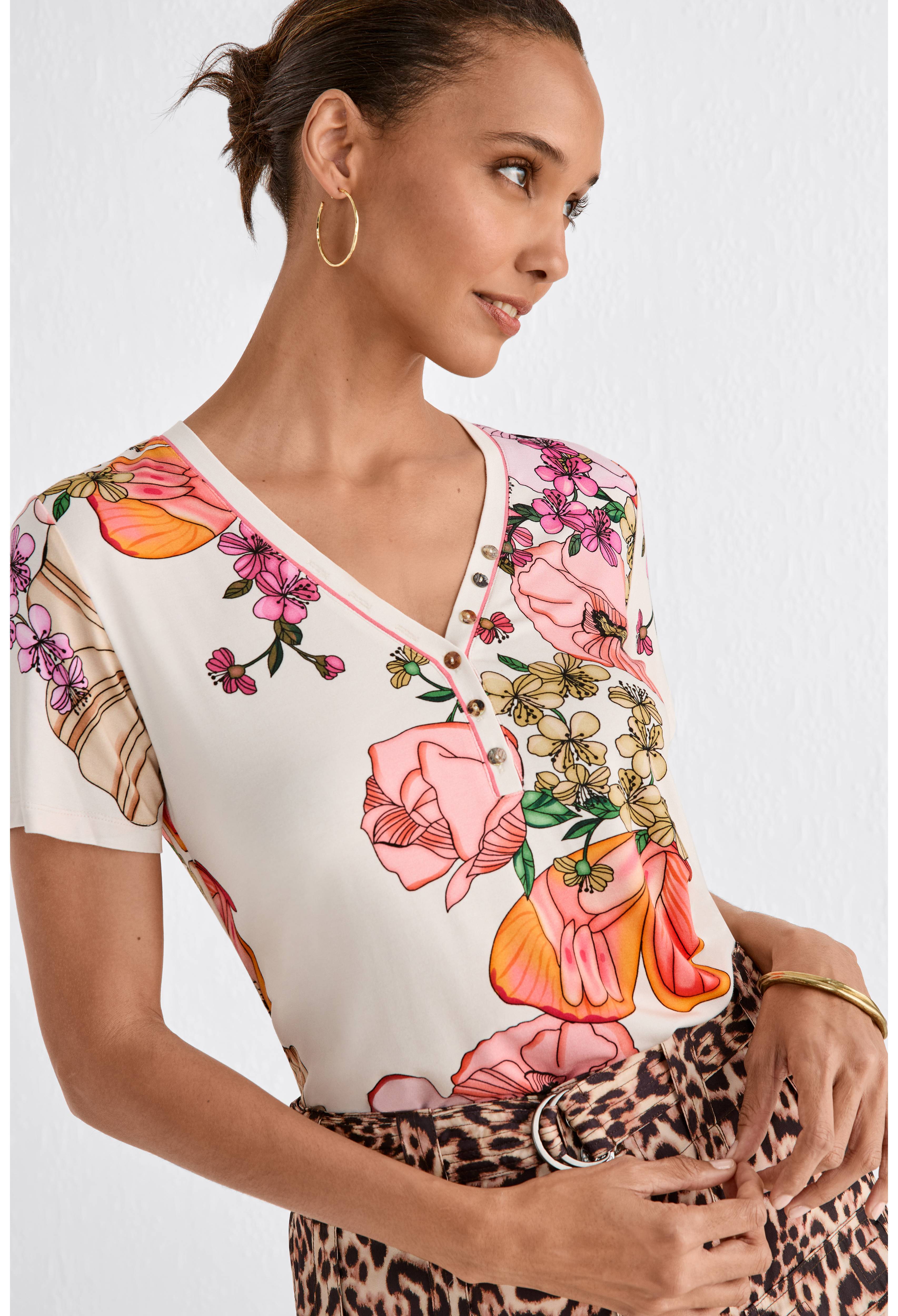 The Janie Favorite Short Sleeve Henley Tee by Johnny Was in