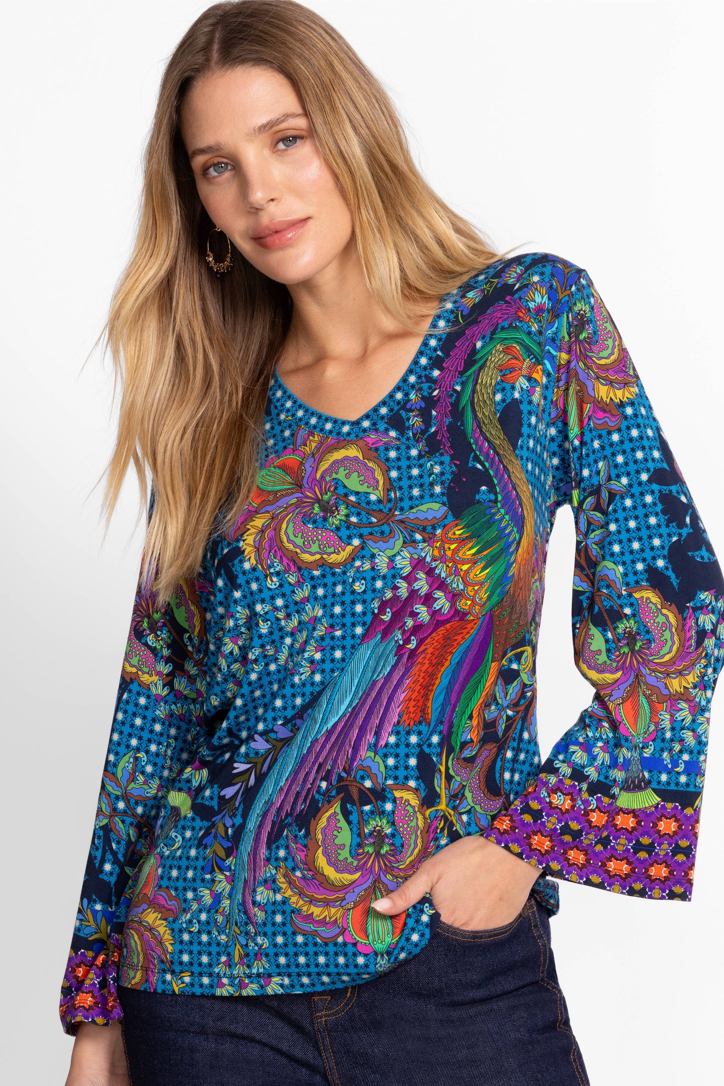 The Janie Favorite V-Neck Kimono Sleeve Tee by Johnny Was in Thalassa