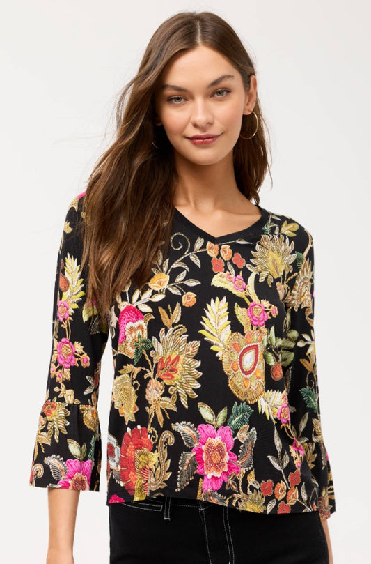 The Janie Favorite V-Neck Flute Sleeve by Johnny Was in Lowri Black