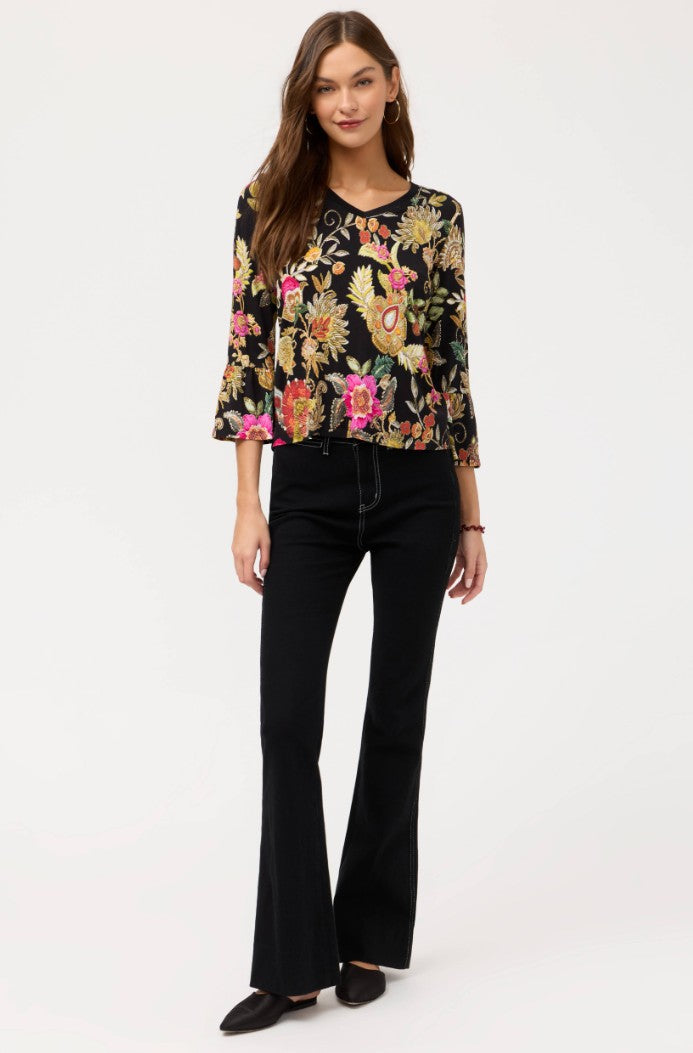 The Janie Favorite V-Neck Flute Sleeve by Johnny Was in Lowri Black