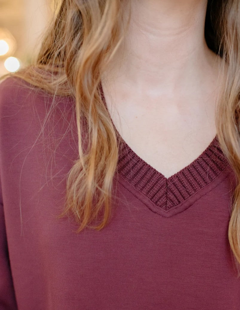 Vixie Soft Knit Sweater Rib Long Sleeve V-neck Top W/ Side Slits by Rd Style in Prune