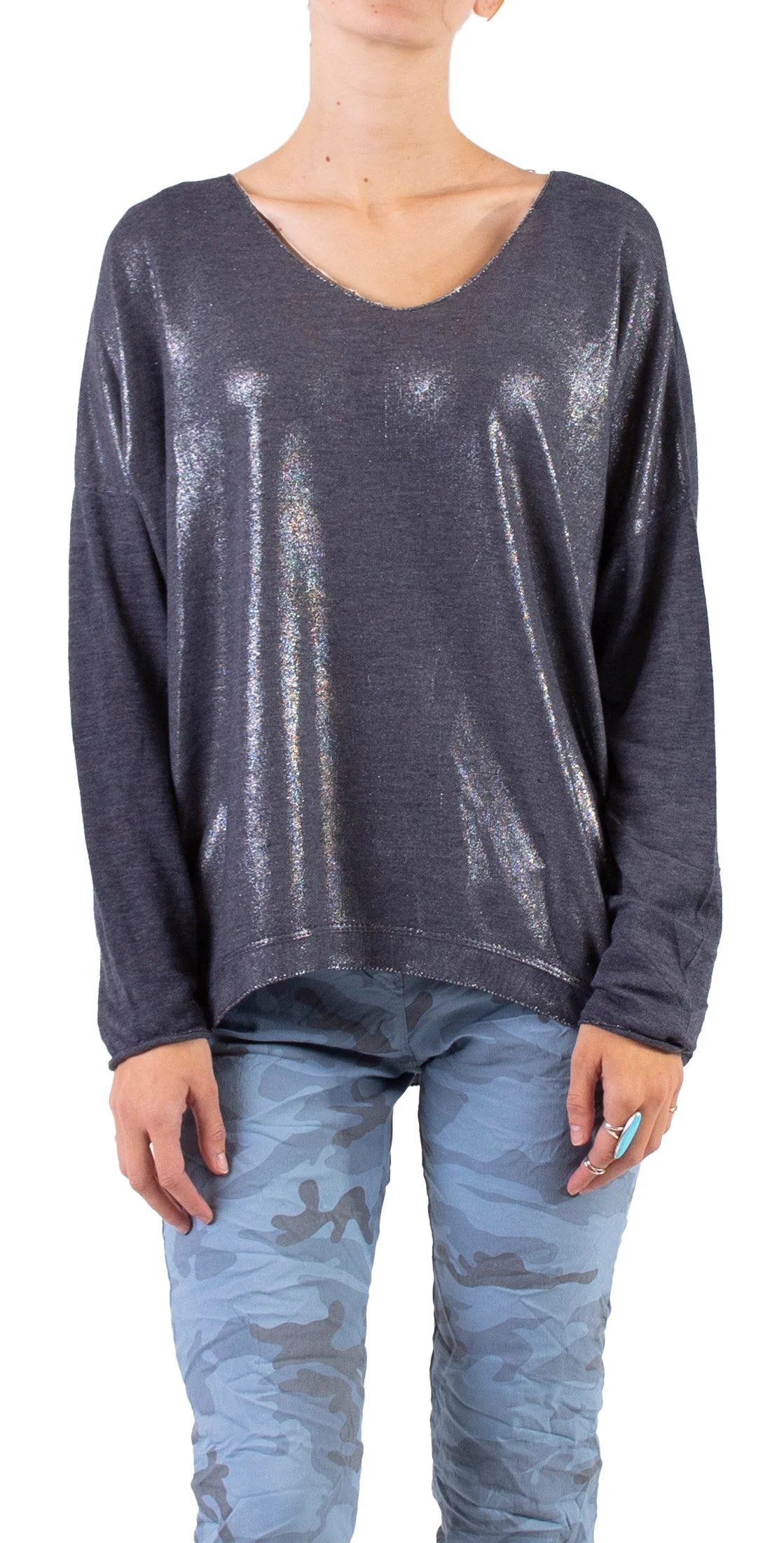 Alexis Long Sleeve Shimmery Top by Gigi Moda in Navy
