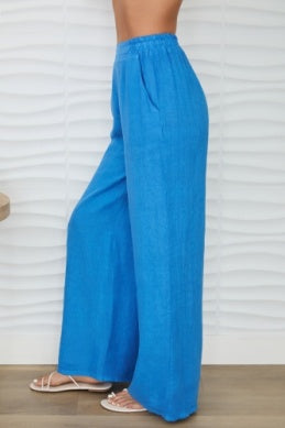 Linen Flat Front Elastic Waist Wide Leg Pant by Milio Milano in Blue Regatta
