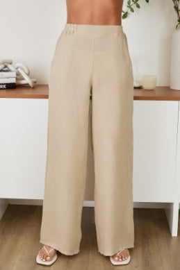 Linen Flat Front Elastic Waist Wide Leg Pant by Milio Milano in Earth Beige