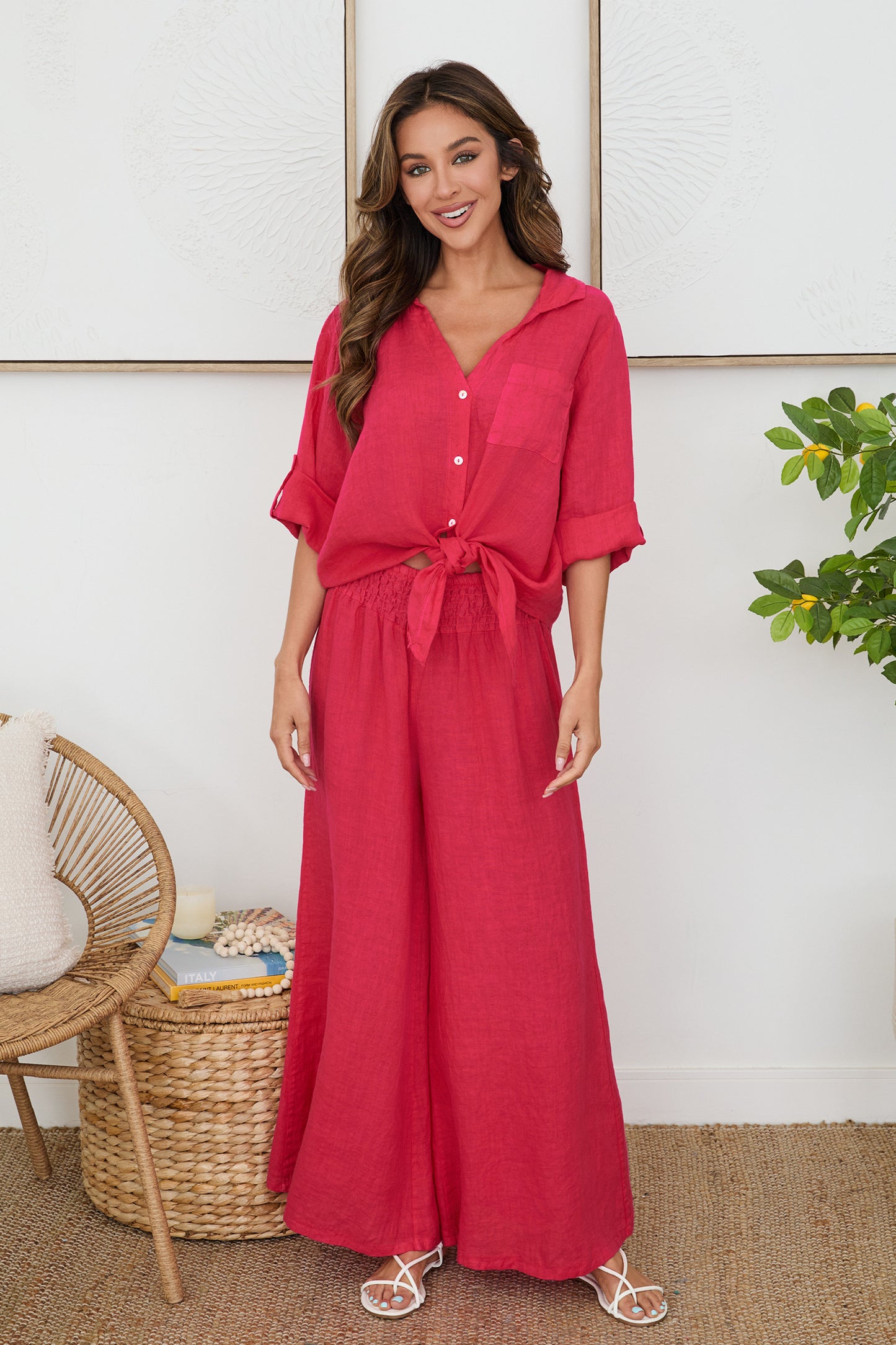 Linen Smocked Waist Palazzo Pants by Milio Milano in Raspberry