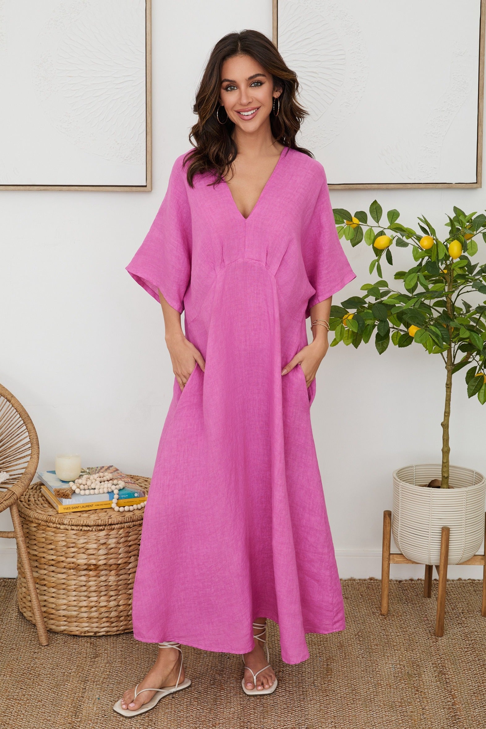 v neck linen maxi dress Solid V-Neck Dolman by Milio Milano in Orchid S Banquet/Catering Uniforms TEX certified linen Color:MULTI-PRNTDRVN 17 Loose Linen Dresses
