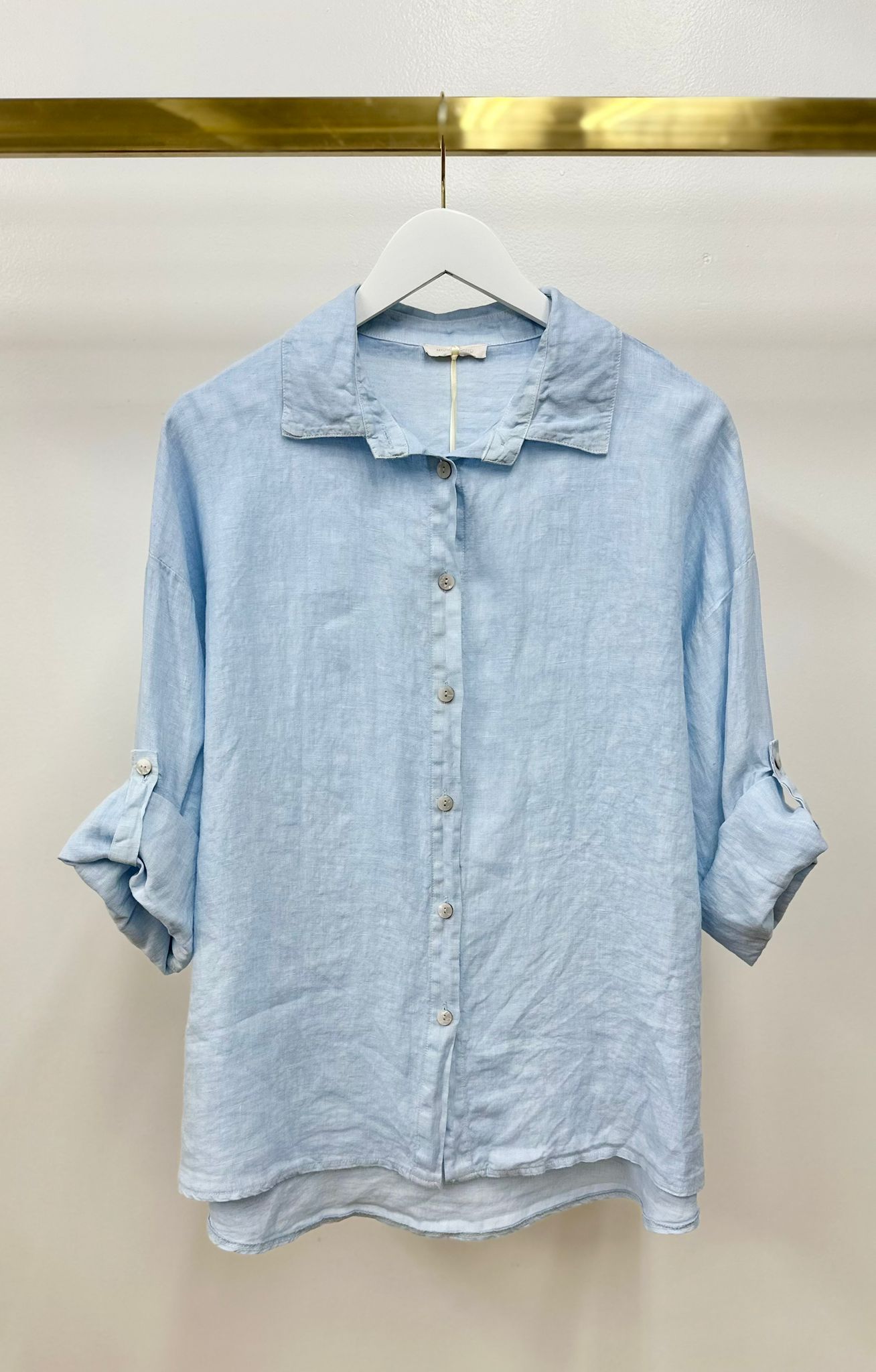 Linen Roll-Tab Sleeve Blouse by Milio Milano in Sky Blue
