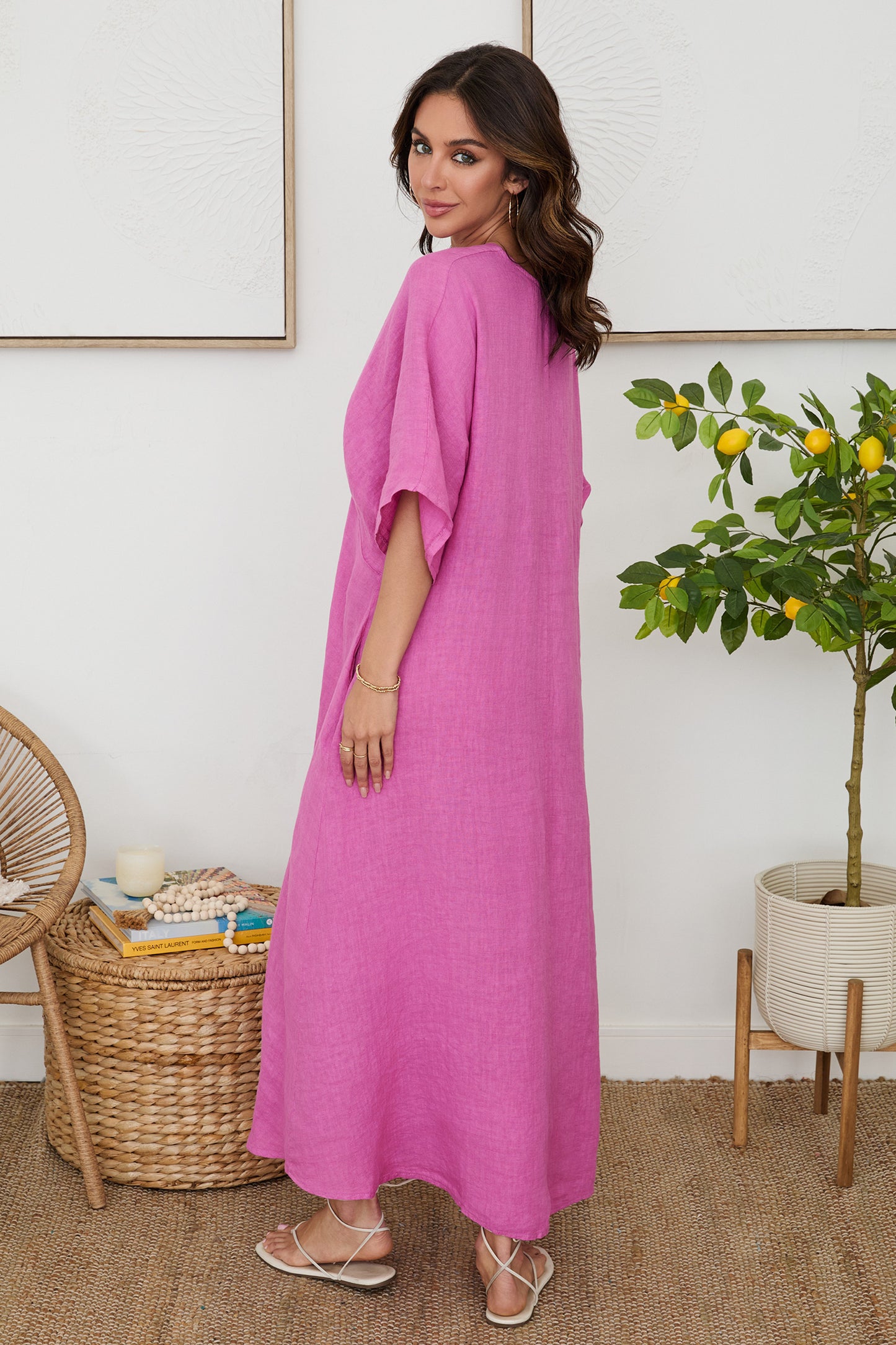 Solid Linen V-Neck Dolman Maxi Dress by Milio Milano in Orchid