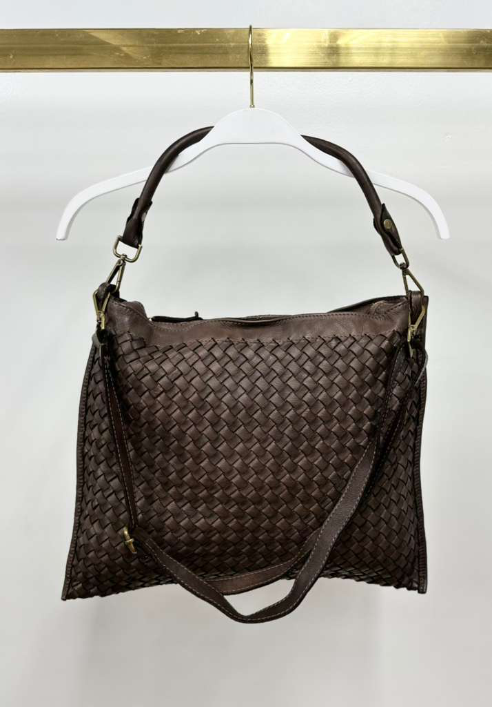 Braided Shoulder Bag w/Back Zipper by Milio Milano in Chocolate Brown