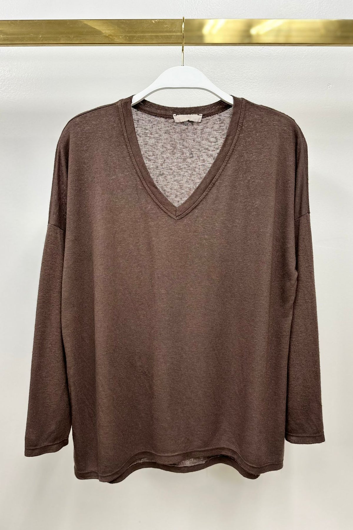 V-Neck Drop Shoulder Long Sleeve Tee by Milio Milano in Chocolate Brown