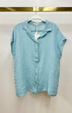 Button Down Sleeveless Linen Top by Milio Milano in Blue Zuccero