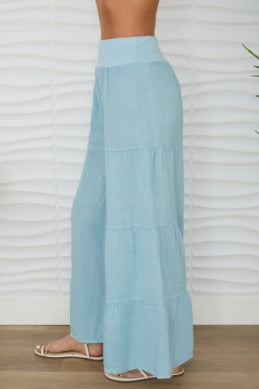 Linen Tiered Palazzo Pant by Milo Milano in Blue Zuccero