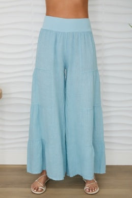 Linen Tiered Palazzo Pant by Milo Milano in Blue Zuccero