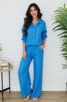 Linen Flat Front Elastic Waist Wide Leg Pant by Milio Milano in Blue Regatta