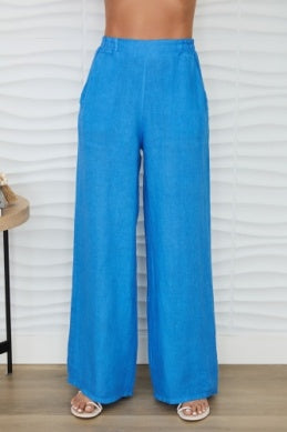 Linen Flat Front Elastic Waist Wide Leg Pant by Milio Milano in Blue Regatta