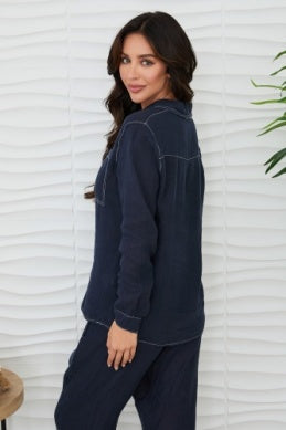 Linen Long Sleeve Button Down Top w/Edge Stitch Detail by Milio Milano in Navy/White
