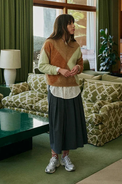 Alpaca Maxi Diamond Intarsia Sweater by Indi & Cold in Camel