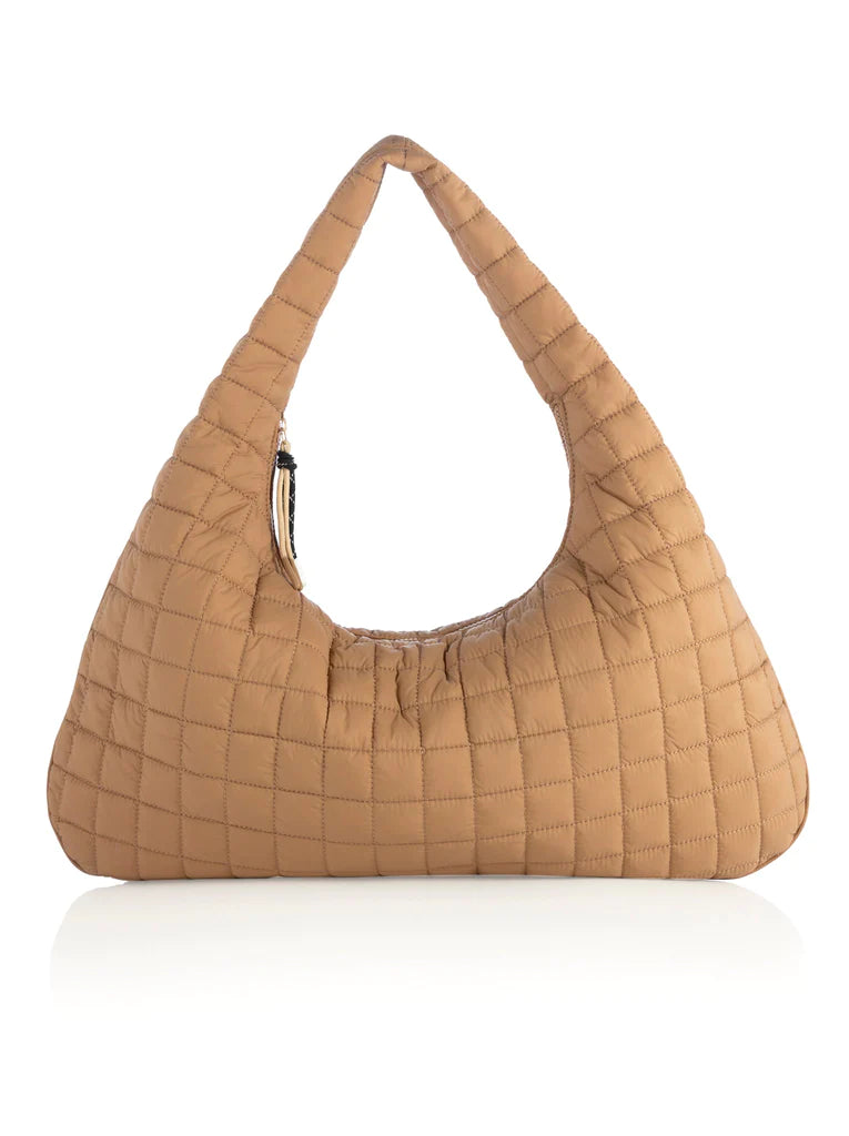 Ezra Quilted Nylon Hobo Bag by Shiraleah in Tan