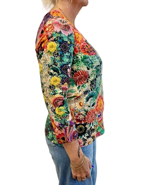 The Janie Favorite 3/4 Sleeve V-Neck Tee by Johnny Was in Carlina Scarf