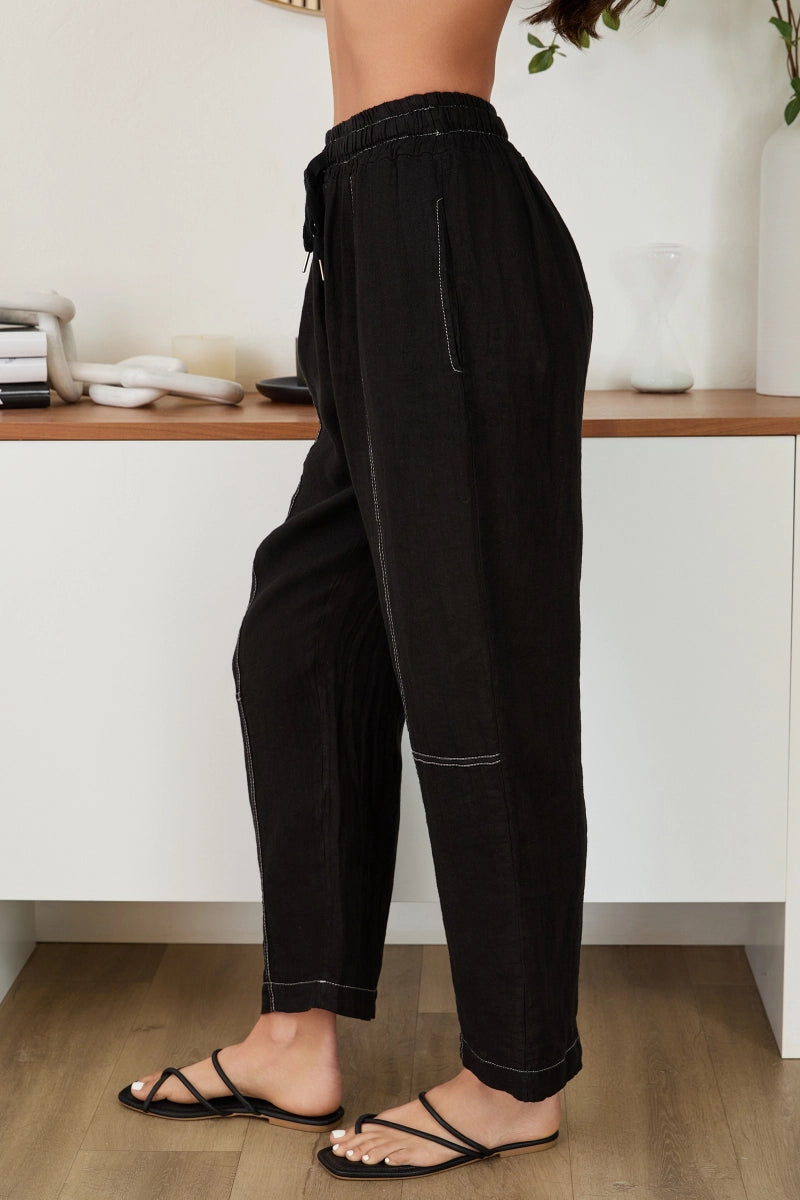 Drawstring Waistband Edge Stitch Detail by Milio Milano in Black